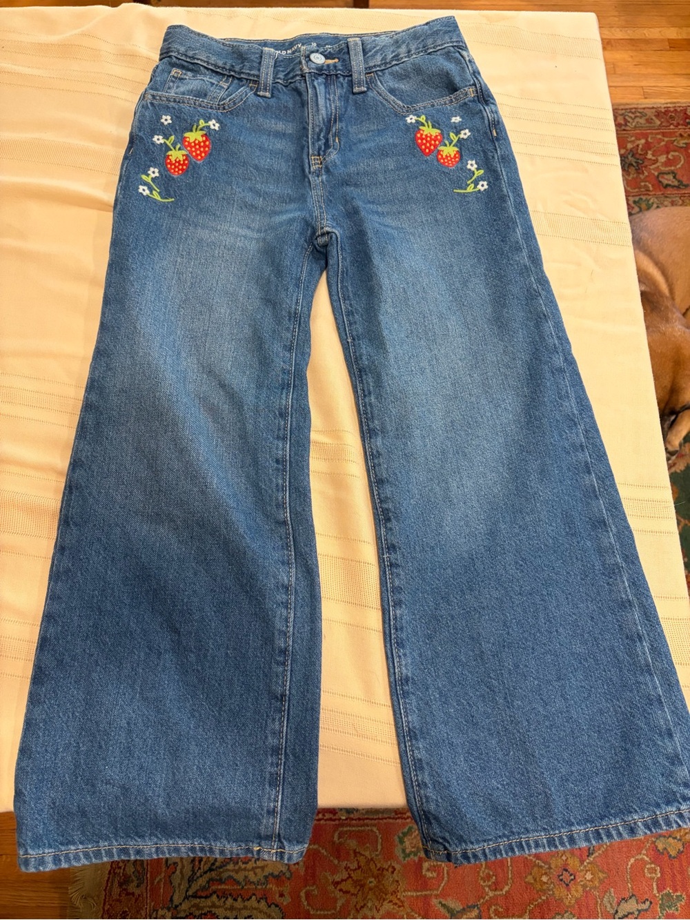 Girls 10 Old Navy Blue Wide-Leg Jeans with Strawberry Embroidery